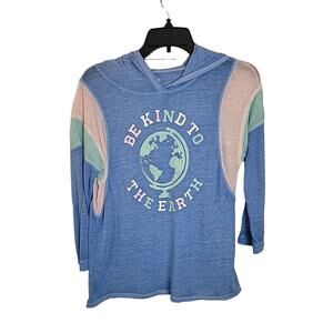 SO Blue‎ "Be Kind To The Earth" Graphic Hooded Long Sleeve Top Women's Size XL